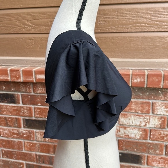 SPORLIKE Ruffle Push-Up Solid Black Bikini Swim Top Women's Size Small - Picture 2 of 5